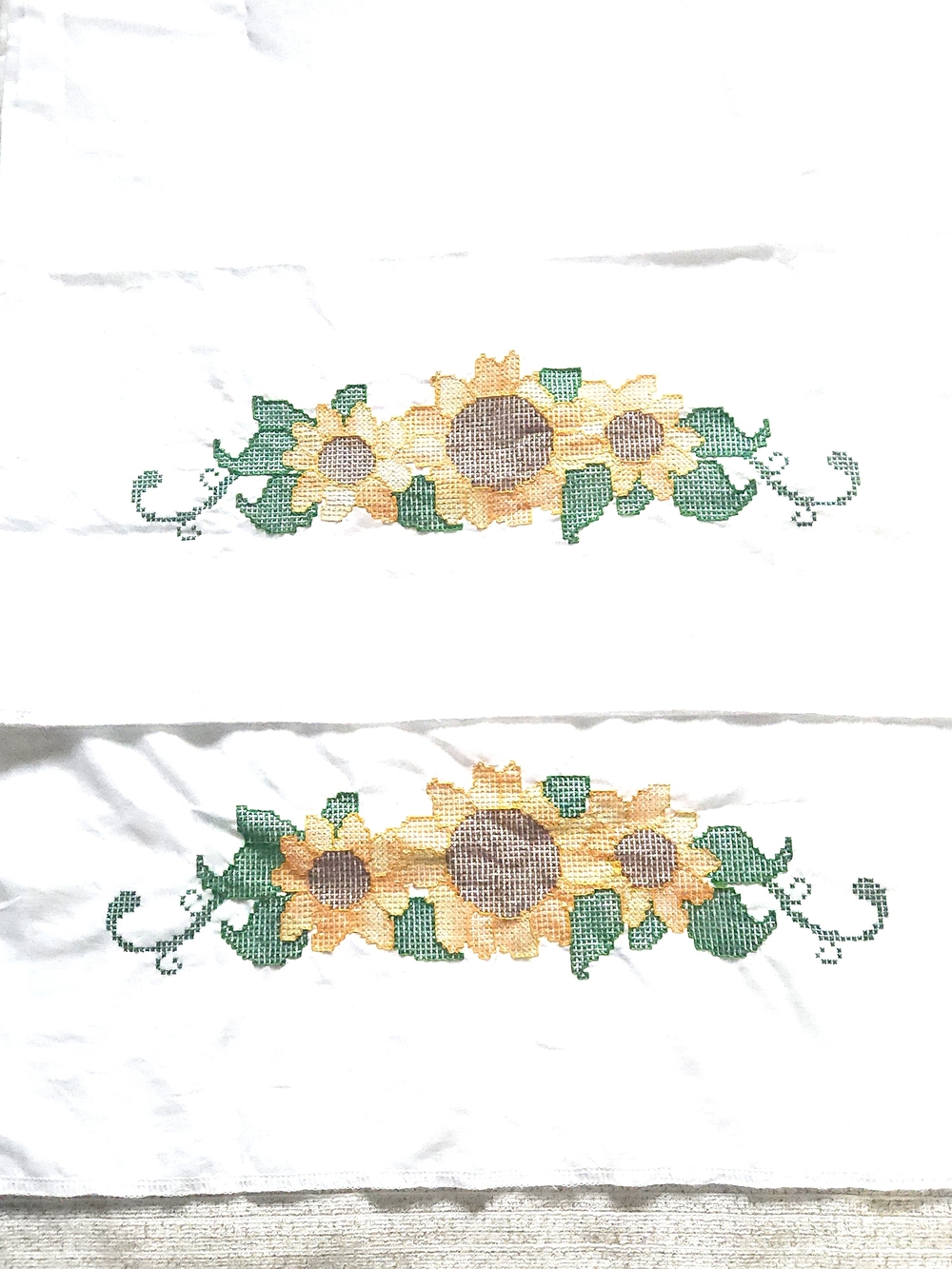 Pair Hand-Embroidered Sunflower Cross Stitch Pillowcases in Yellow and Green